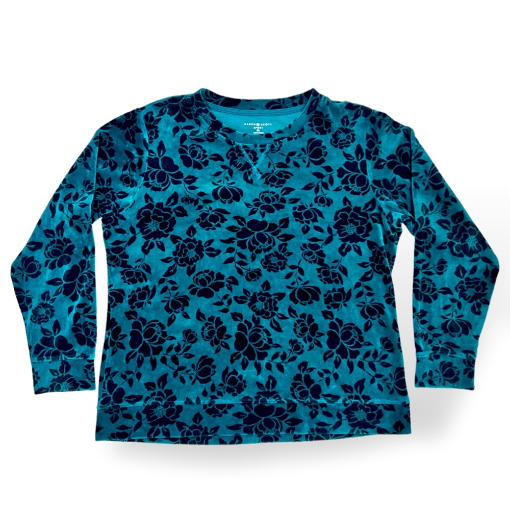 Karen Scott Sport Floral Print Velvet Green and Black Pullover Top